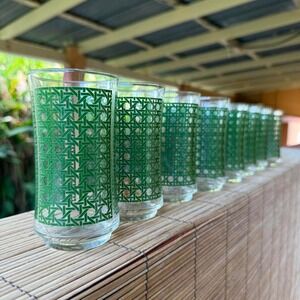 Vintage Green Geometric Glasses m Retro Grid 5" - Set of 4 Glasses